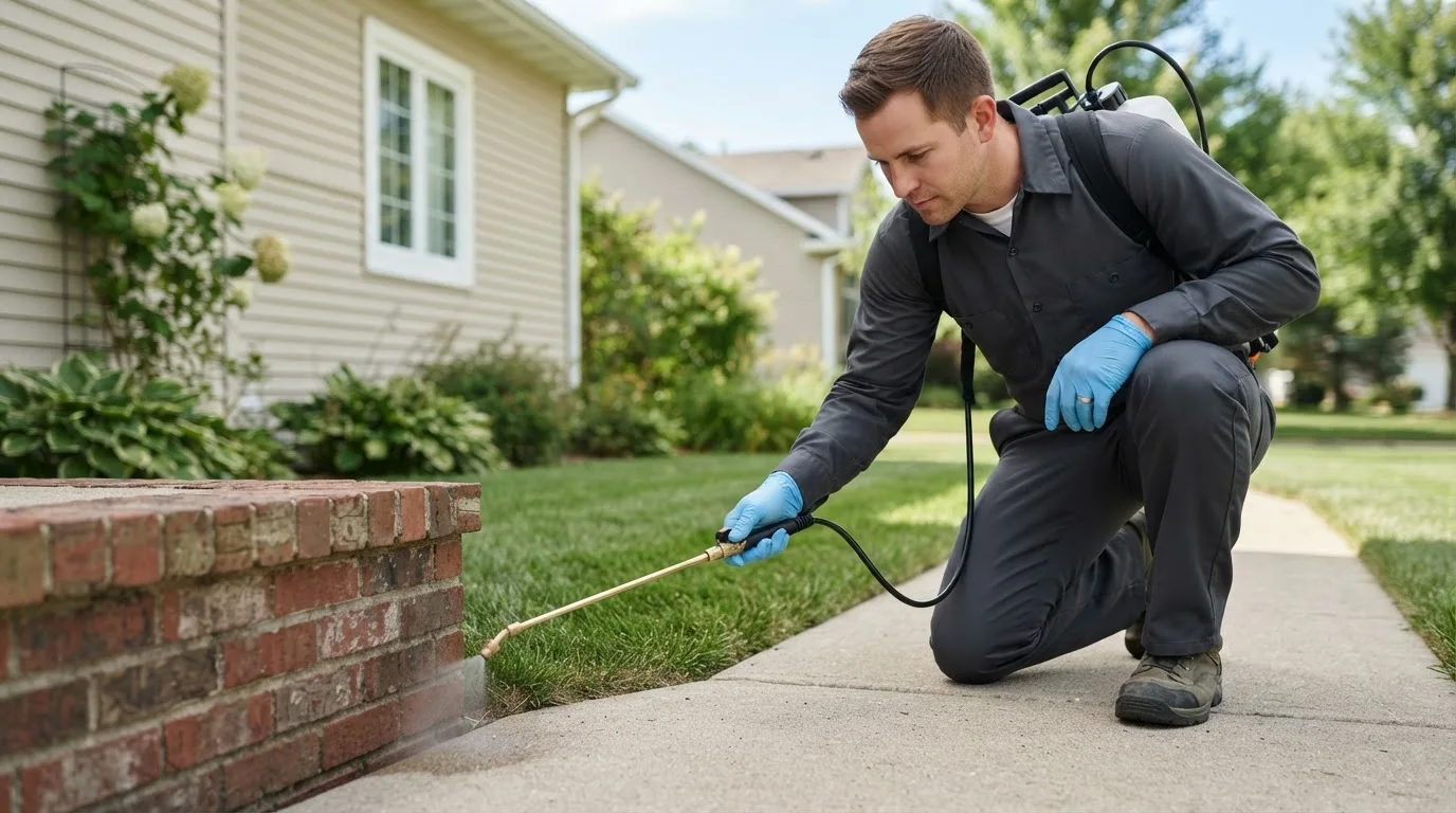 Pest control technician treating a home near Pomona, NY